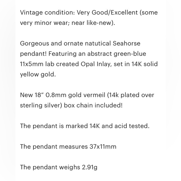 14K Opal Seahorse Pendant, Green Blue Lab Inlay Nautical Aquatic Luxury Piece - Picture 9 of 13